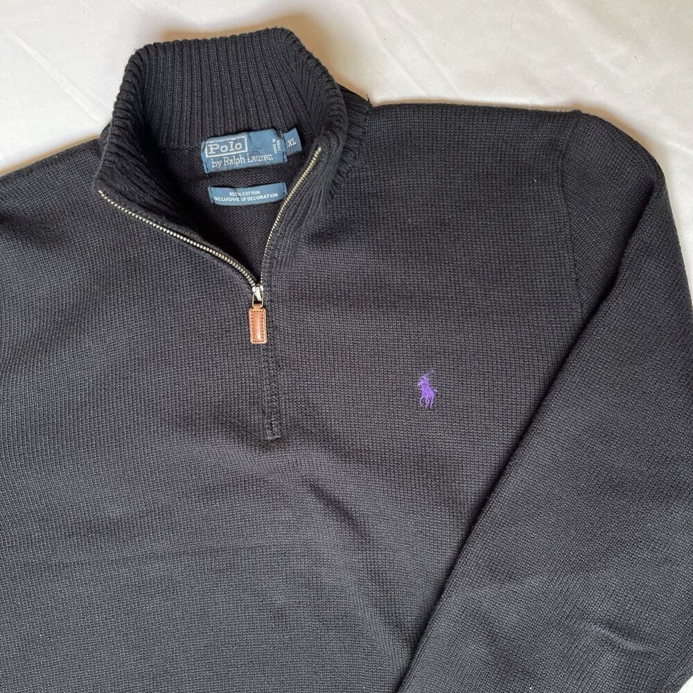 VTG Polo Ralph Lauren 1/4 Zip Pullover Sweater Mens XL Black Pima Cotton Preppy